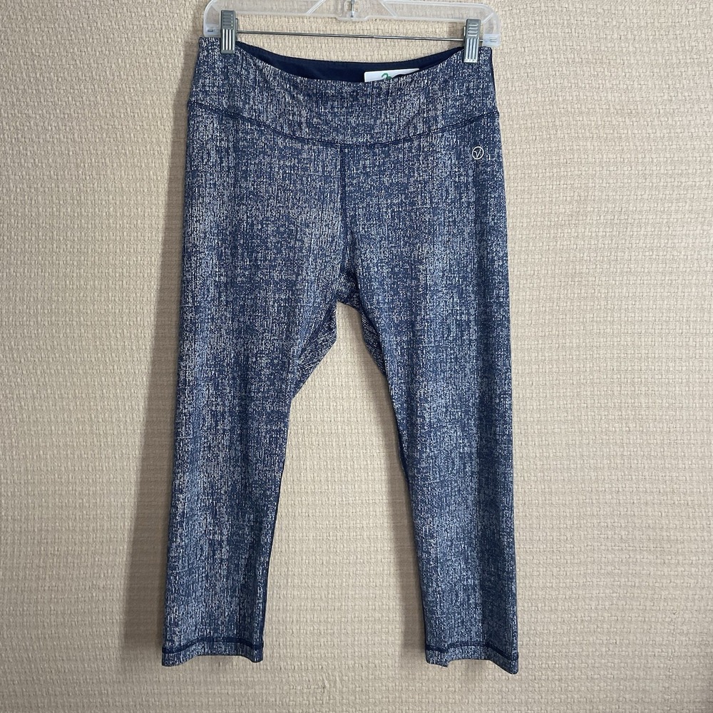Vogo Athletic Crop Blue White Leggings Medium Gym Yoga Stretch 19" Inseam